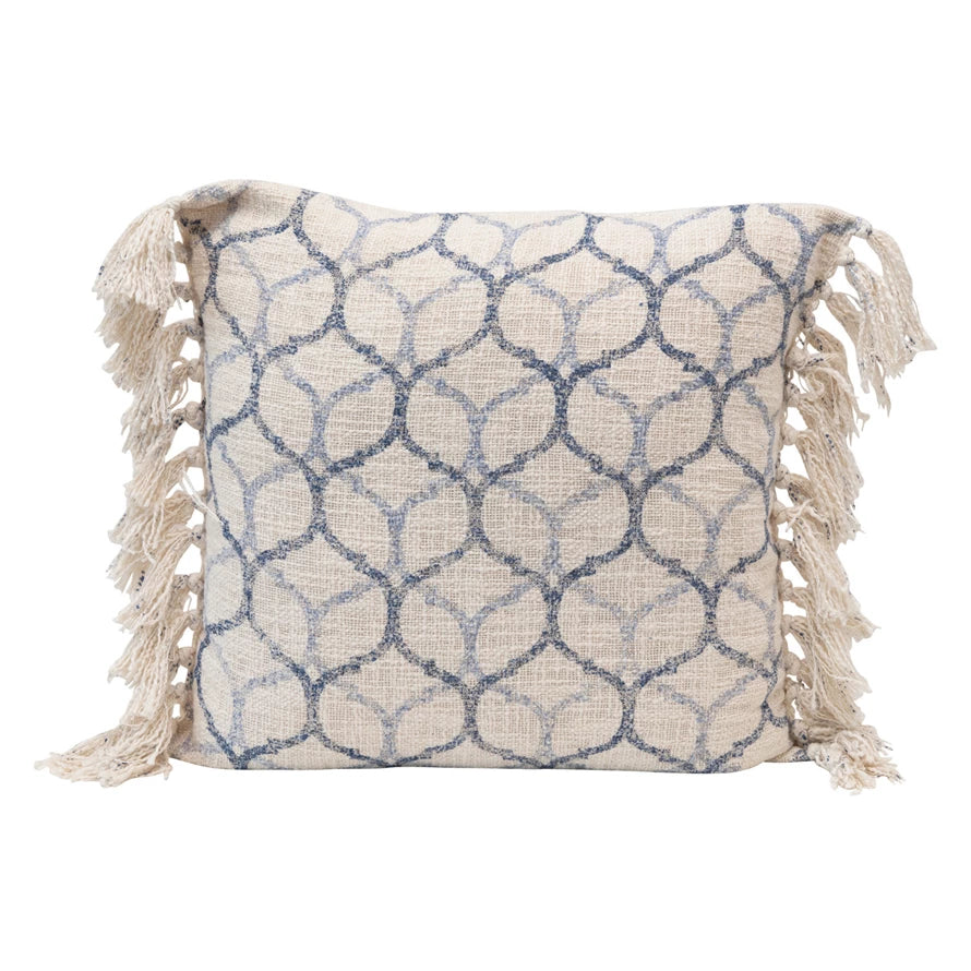 20" Stonewashed Cotton Blend Pillow w/ Ogee Pattern & Fringe