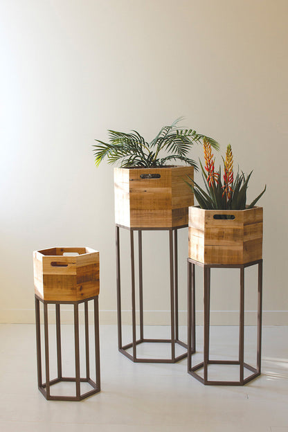 Hexagon Recycled Wood Planters on Metal Base