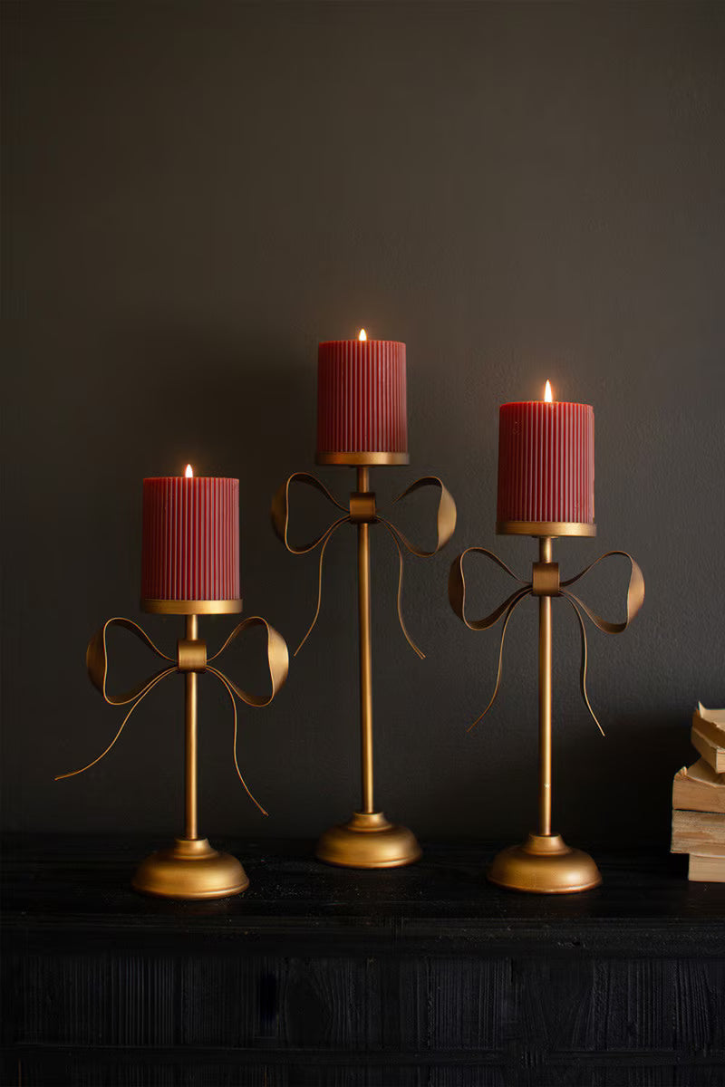 Antique Brass Pillar Candleholders with Bow
