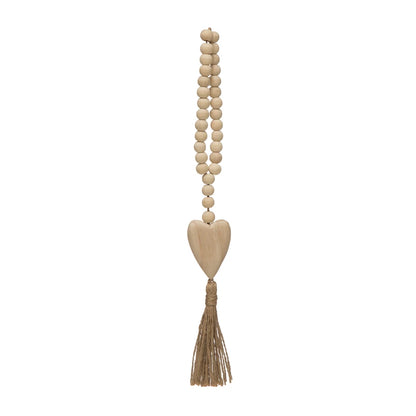 Wood Beads with Heart Icon and Jute Tassel