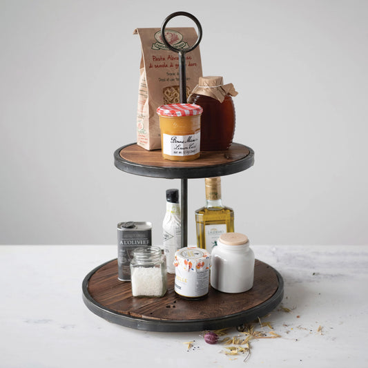 Decorative Wood and Metal 2-Tier Tray