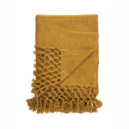 Woven Cotton Throw with Crochet and Fringe