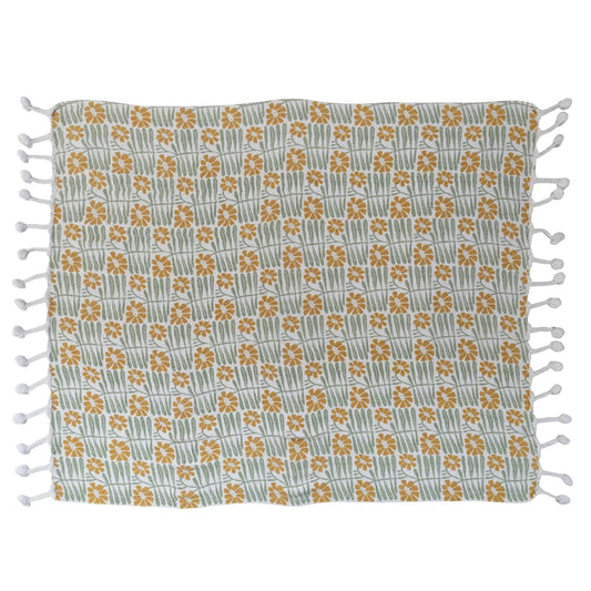 Woven Recycled Cotton Blend Printed Throw w/ Flowers & Braided Pom Pom Tassels