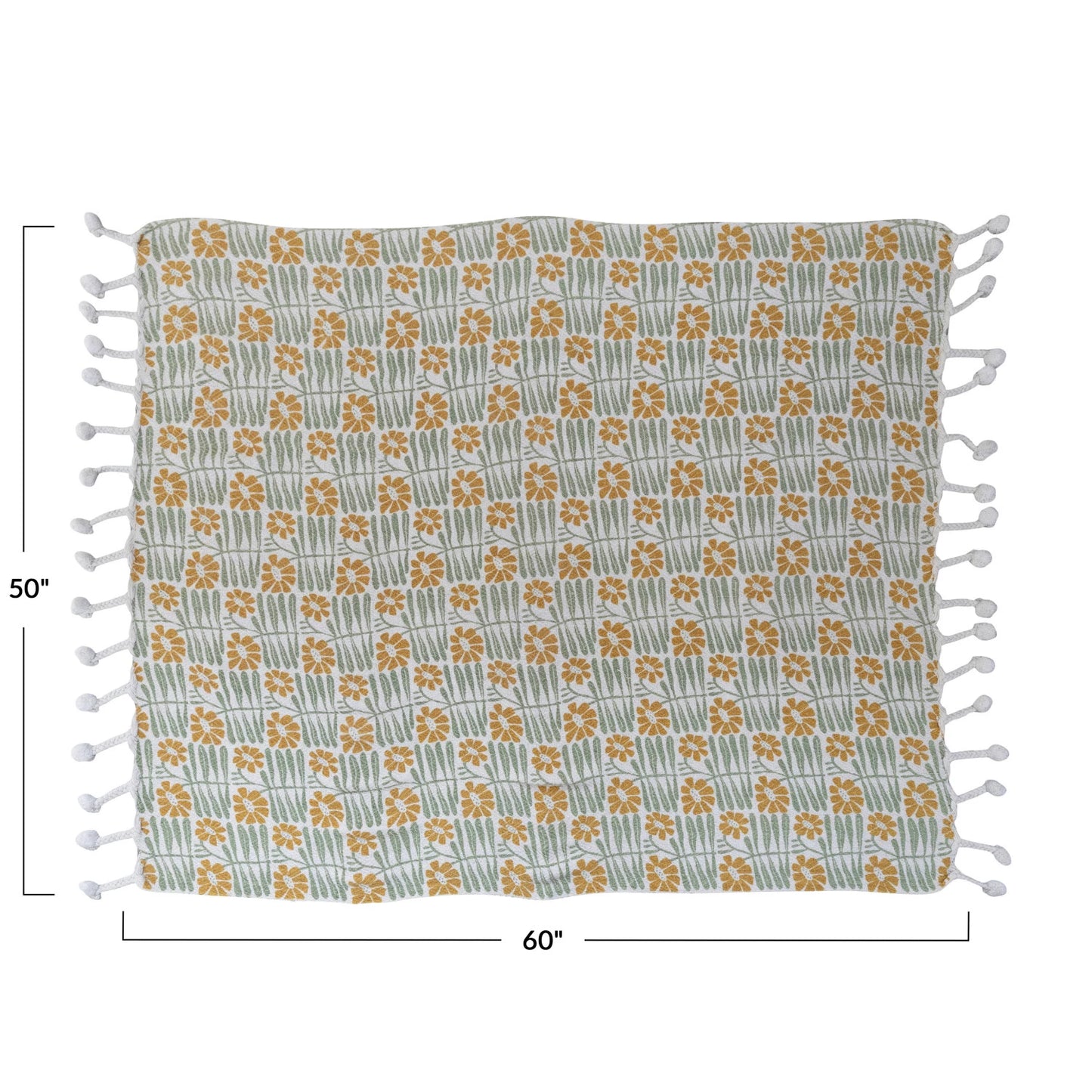 Woven Recycled Cotton Blend Printed Throw w/ Flowers & Braided Pom Pom Tassels