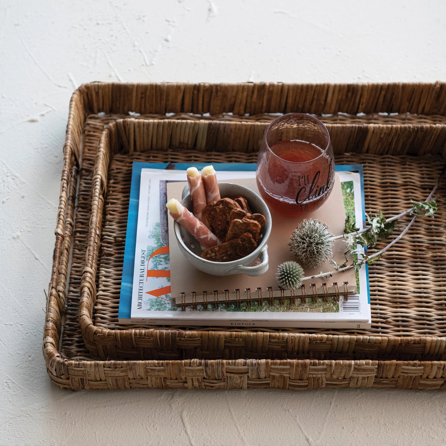 Decorative Hand-Woven Rattan Trays w/ Handles