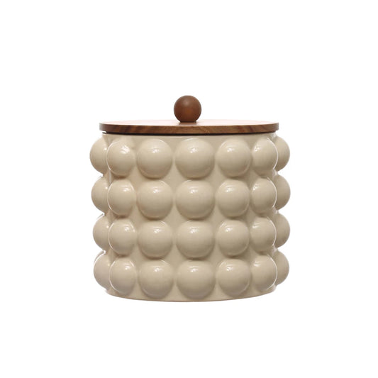 Stoneware Canister w/ Raised Dots & Acacia Wood Lid