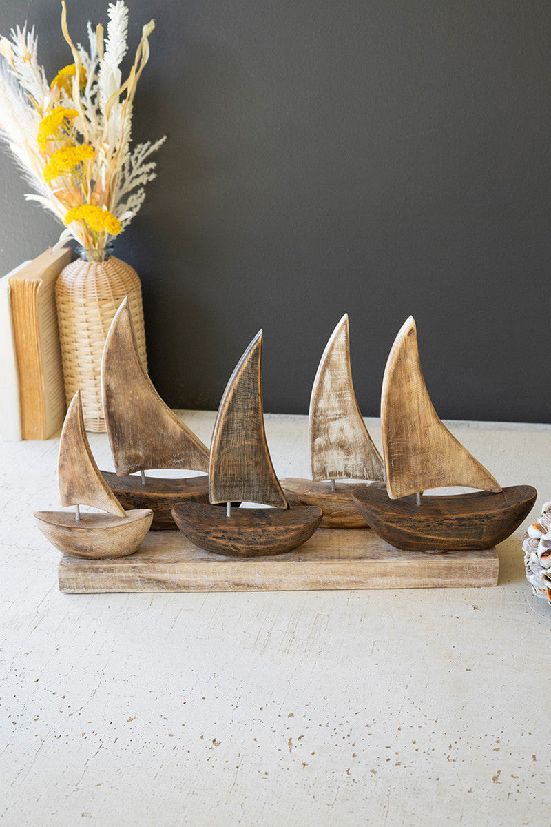 Five Wooden Sailboats on Base