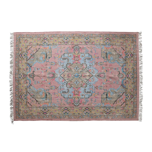 Woven Cotton Distressed Print Dhurrie Rug with Fringe