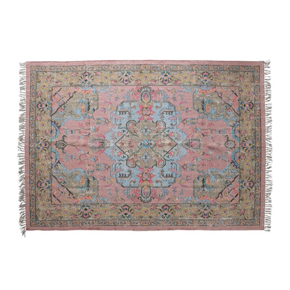 Woven Cotton Distressed Print Dhurrie Rug with Fringe