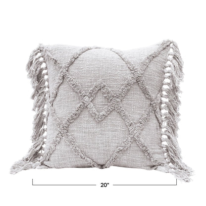 20" Cotton Blend Pillow w/ Tufted Pattern & Fringe