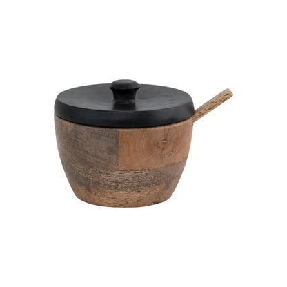 Mango Wood Salt Cellar with Spoon and Black Lid