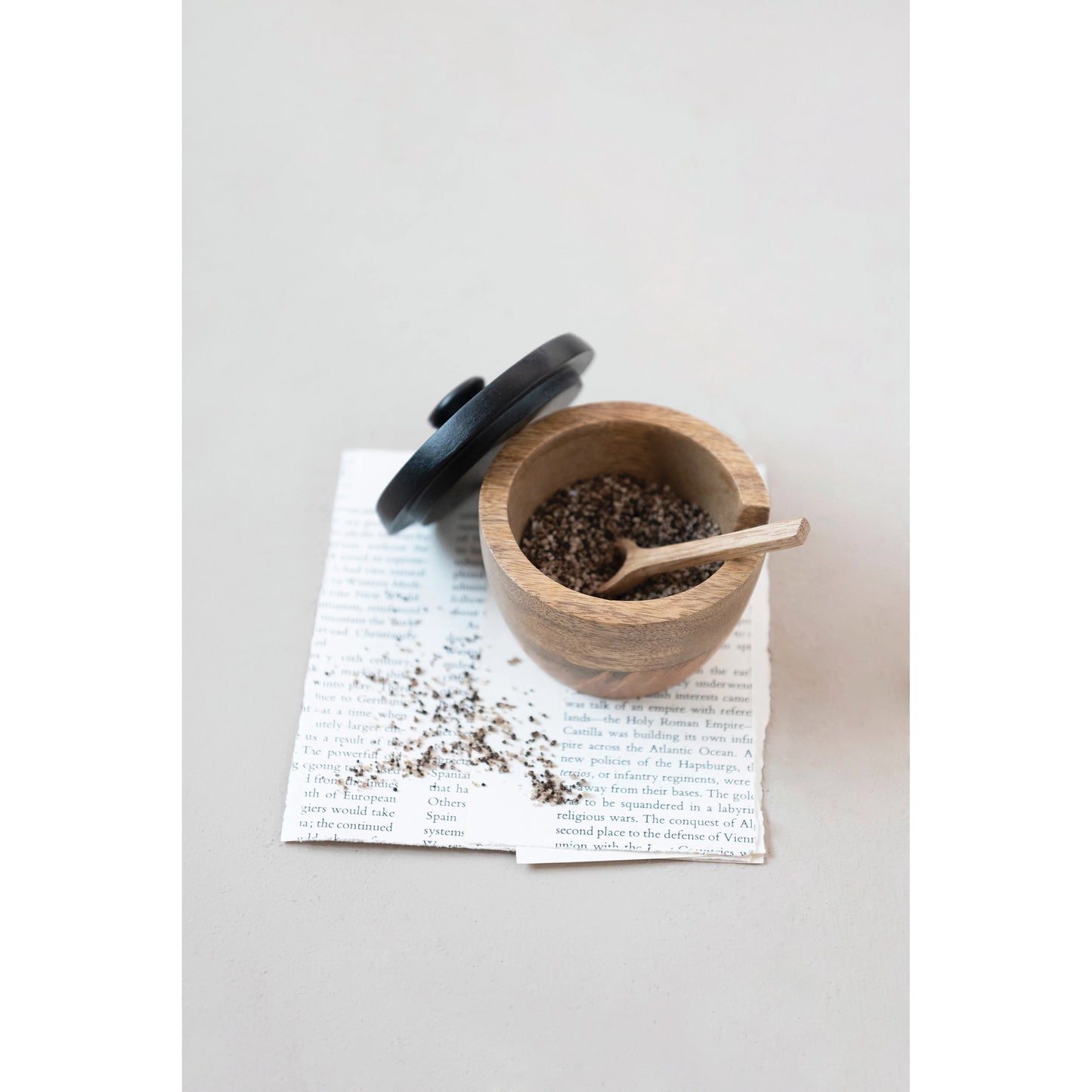 Mango Wood Salt Cellar with Spoon and Black Lid