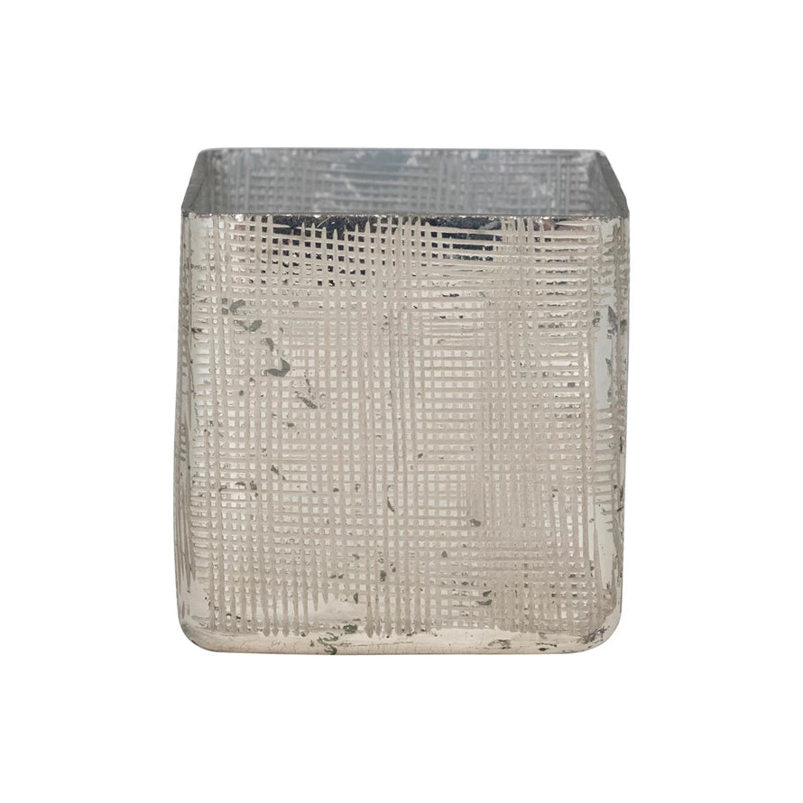 Small Mercury Glass Vase with Crosshatch Texture, Silver Finish