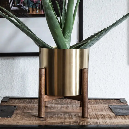 Brass Finished Gold Planter & Wood Stand