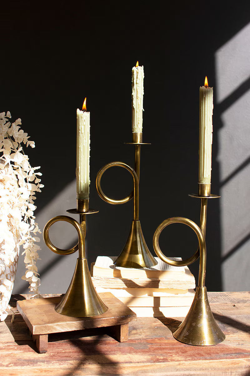 Antique Brass Trumpet Taper Candle Holders