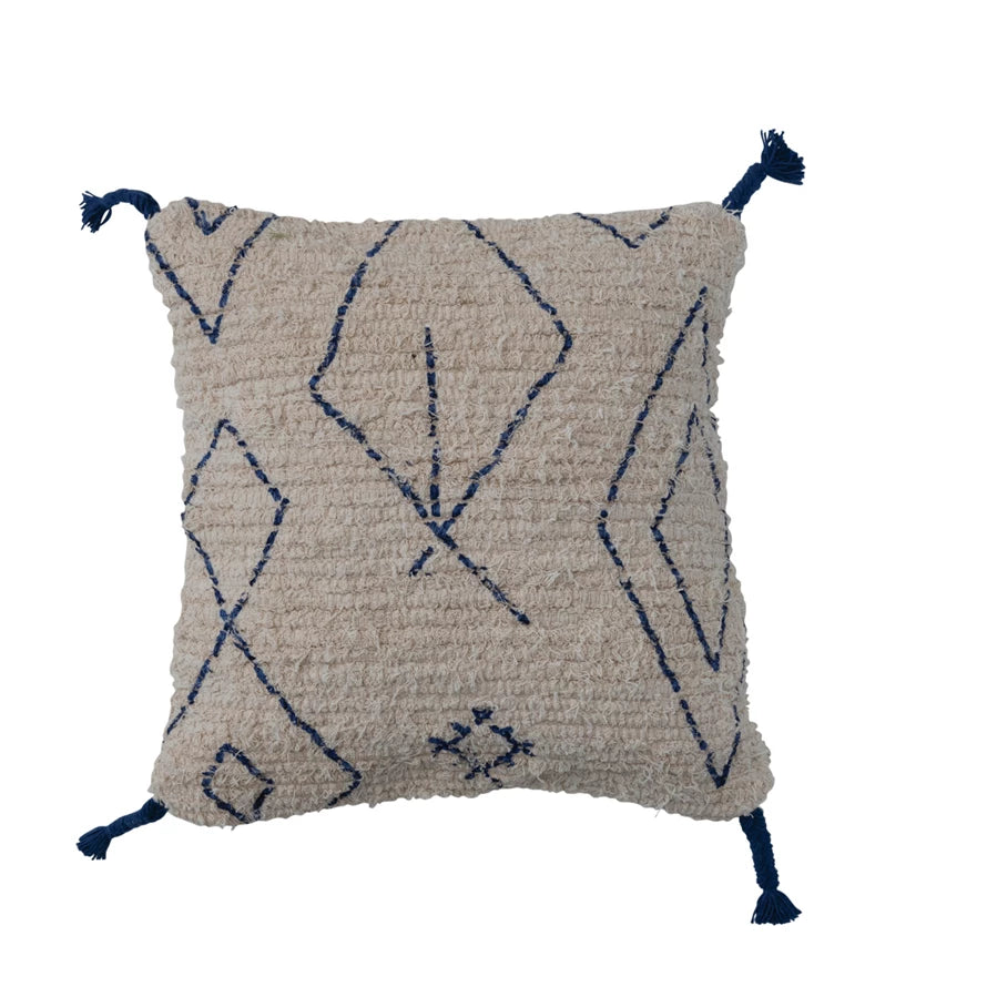 Cotton Tufted Pillow w/ Printed Moroccan Design & Braided Tassels, Down Fill