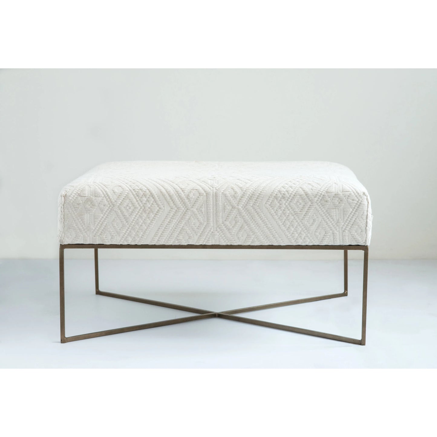 Metal and Woven Damask Upholstered Ottoman