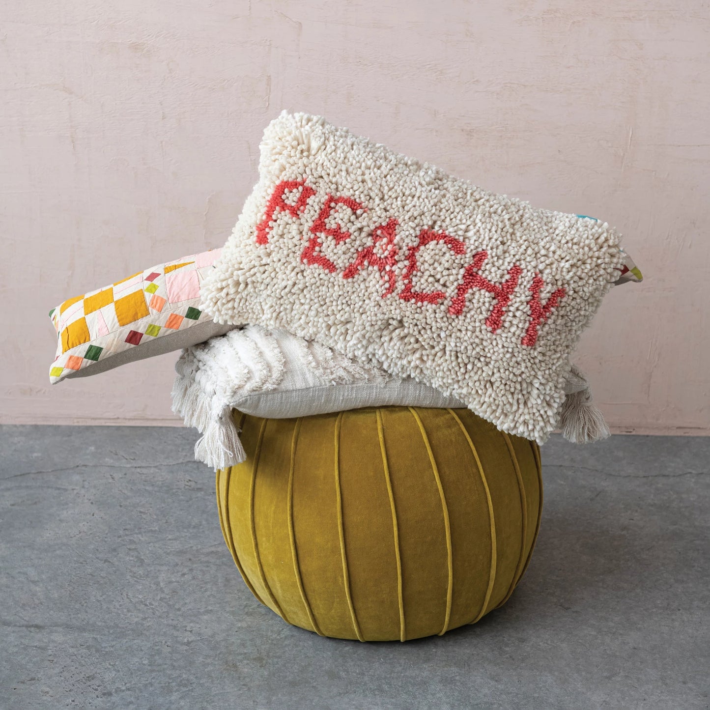 Wool & Cotton Punch Hook Lumbar Pillow, Natural & Peach Color