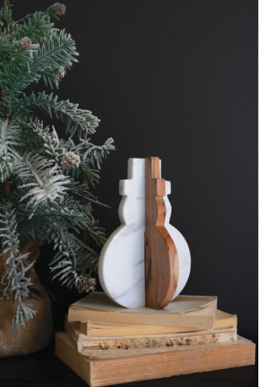 White Marble & Acacia Wood Snowman