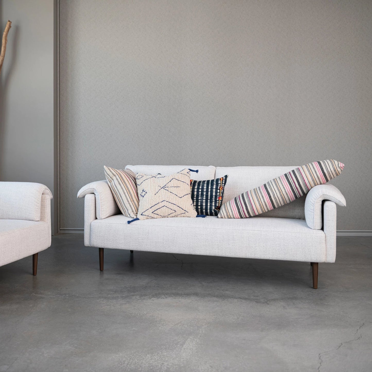 Bouclé Fabric Upholstered Sofa w/ Oak Wood Legs