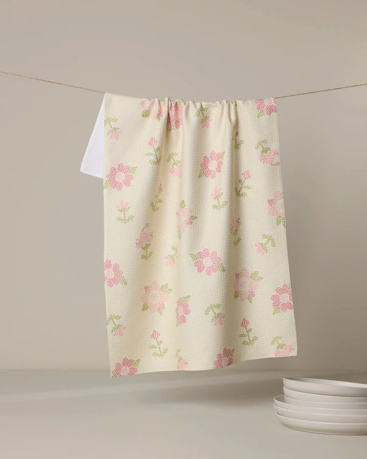 Cross Stitch Floral Yellow Kitchen Tea Towel