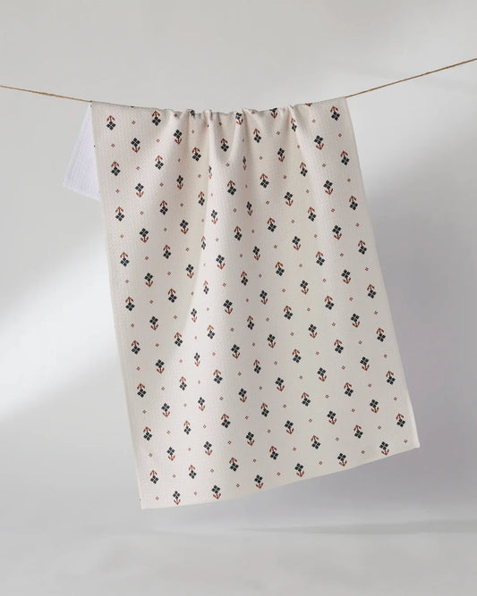 Folk Pixel White Kitchen Tea Towel