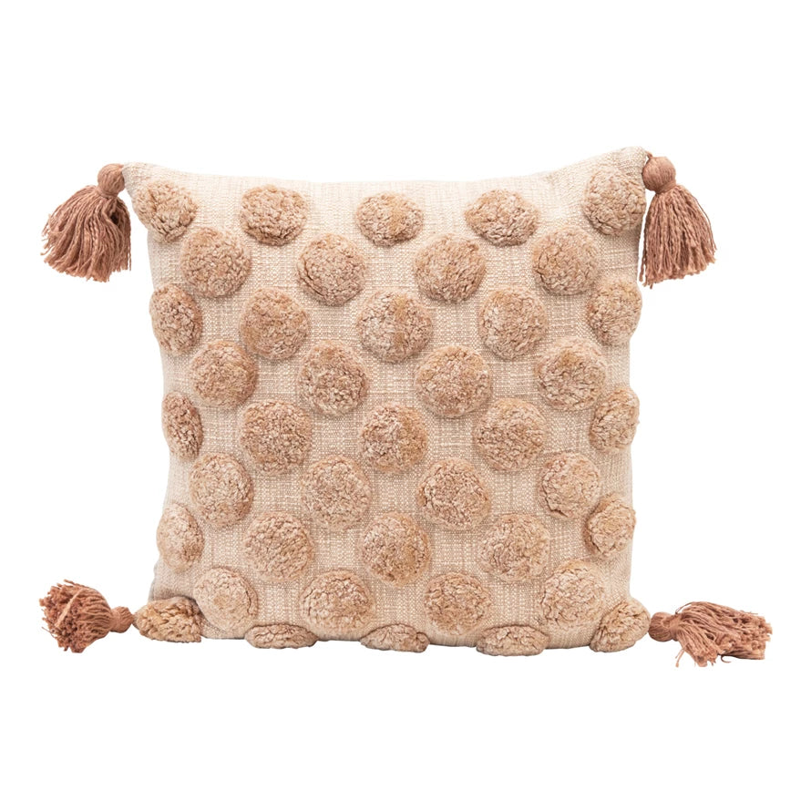 18" Cotton Pillow w/ Tufted Dots & Tassels, Polyester Fill