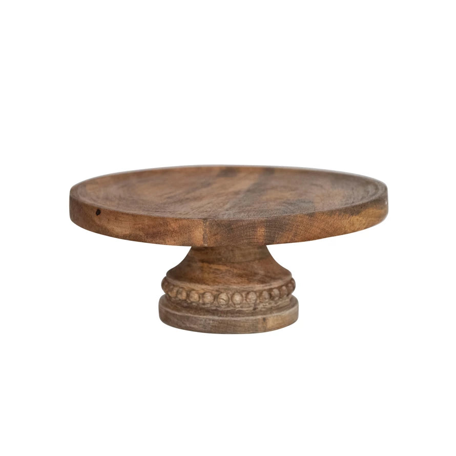 Hand-Carved Mango Wood Pedestal w/ Wood Beads