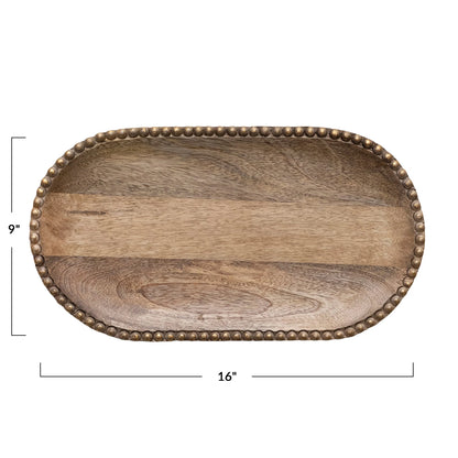 Hand-Carved Mango Wood Tray w/ Wood Beads & Gold Finish