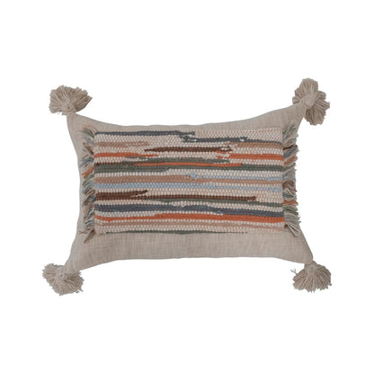 Woven Cotton Lumbar Pillow w/Applique, Fringe & Tassles