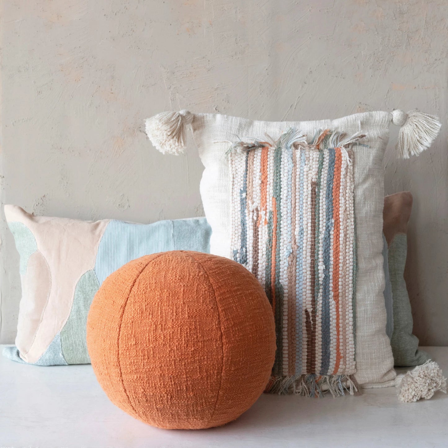 Woven Cotton Lumbar Pillow w/Applique, Fringe & Tassles