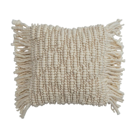20" Woven New Zeal& Wool Pillow w/ Cotton Back & Fringe, Down Fill