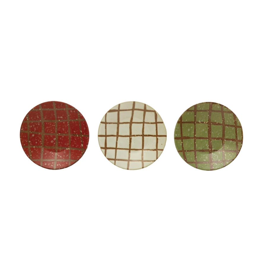 Hand-Painted Stoneware Plate with Wax Relief Grid Pattern
