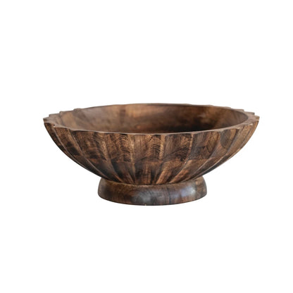 Hand-Carved Mango Wood Footed Bowl w/ Scalloped