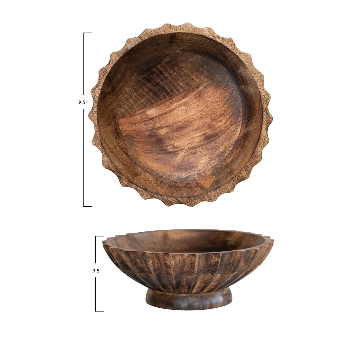 Hand-Carved Mango Wood Footed Bowl w/ Scalloped