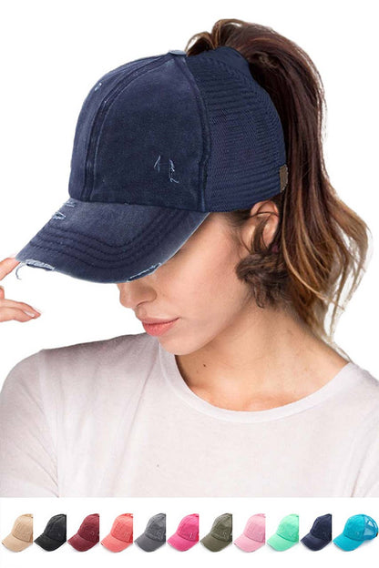 C.C Grey Distressed Mesh Back Ponytail Baseball Cap