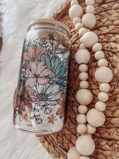 Retro Floral Glass Cup with Bamboo Lid