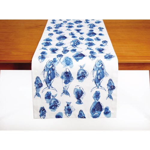 Blue Watercolor Fish Table Runner