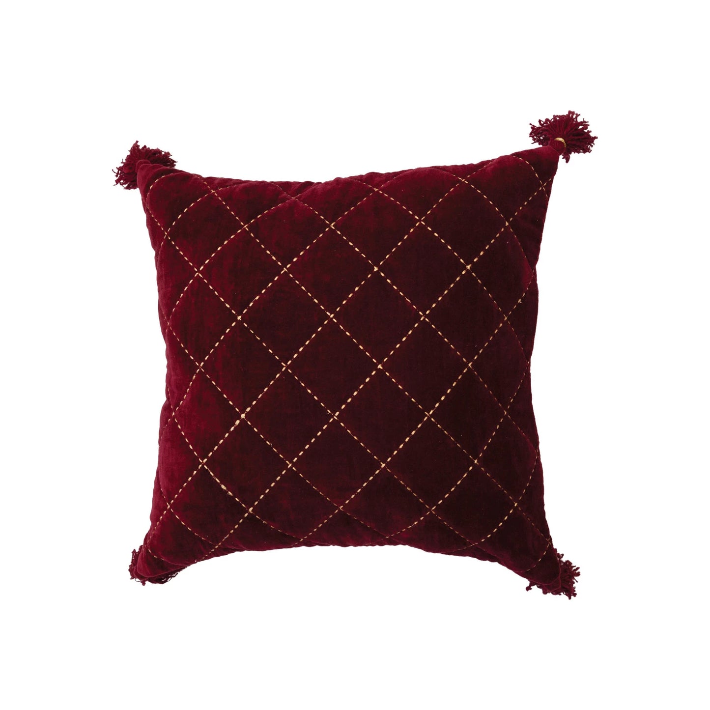 Burgundy Quilted Cotton Velvet Pillow w/ Embroidery & Tassels