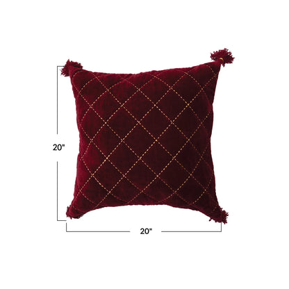 Burgundy Quilted Cotton Velvet Pillow w/ Embroidery & Tassels