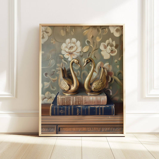 Two Brass Swans on Books Art Print: 5x7