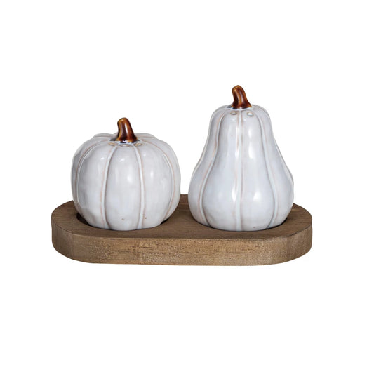 Stoneware Salt & Pepper Shakers w/ Wood Tray