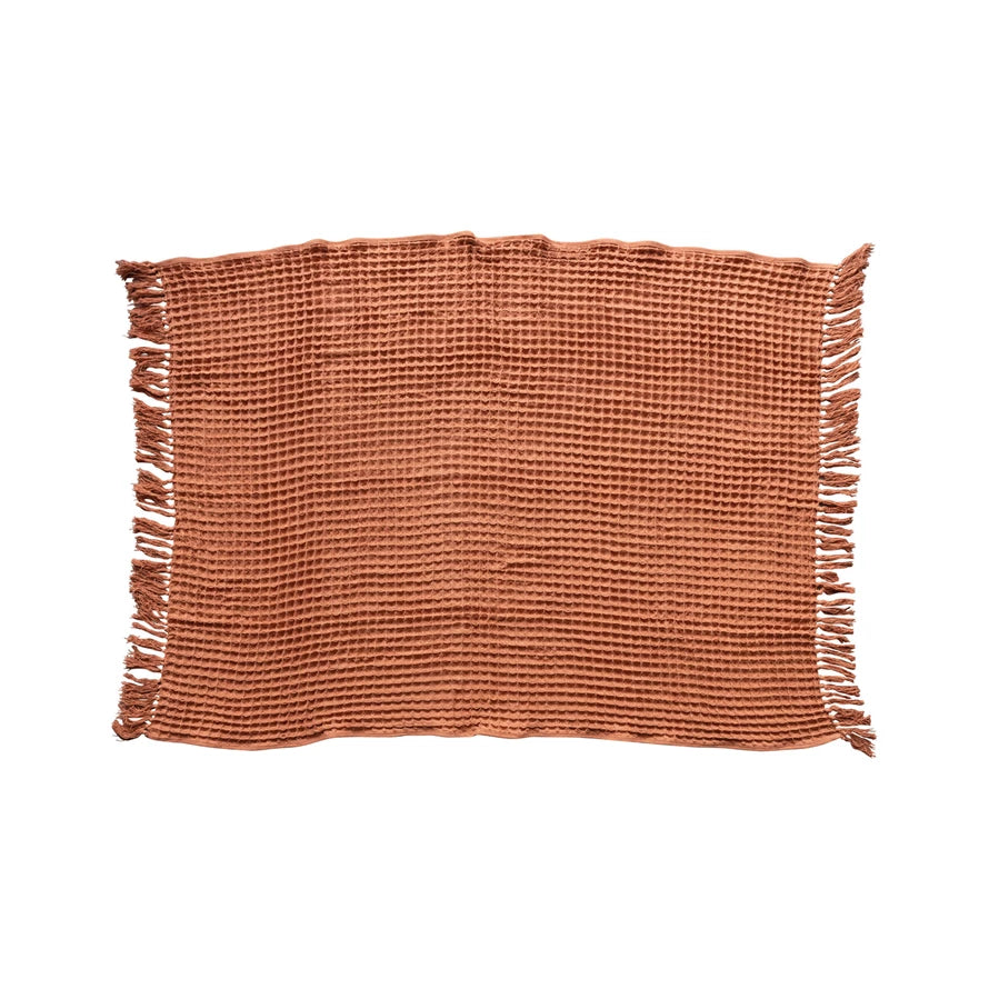 Rust Waffle Weave Throw with Fringe
