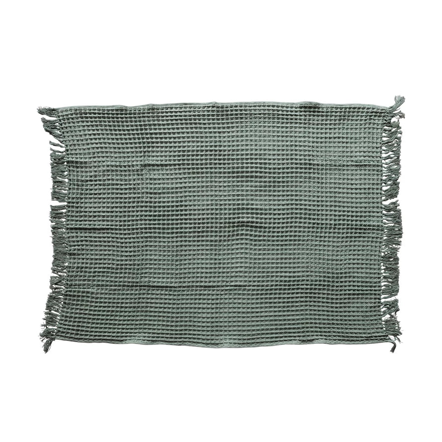 Green Waffle Weave Throw with Fringe