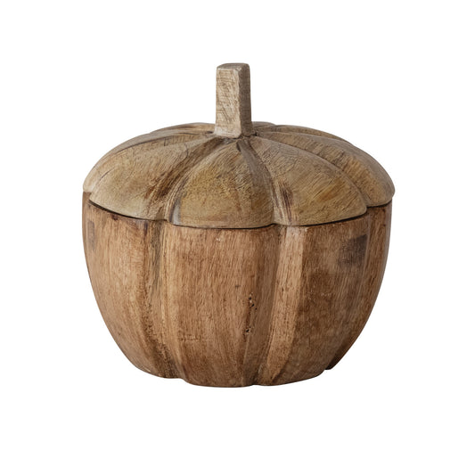 Hand-Carved Mango Wood Pumpkin Shaped Container with Lid