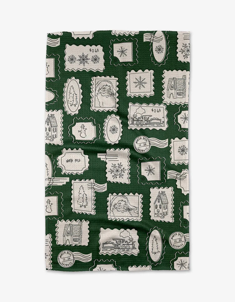 Christmas Stamp Green Kitchen Tea Towel