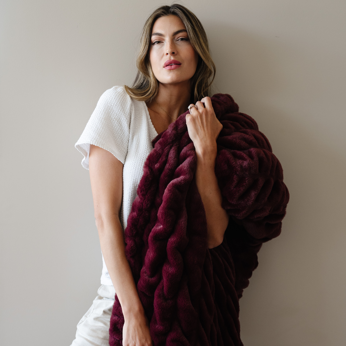 Flax Double Ruched XL Faux Fir Throw Blanket