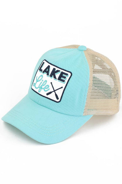 C.C White LAKE LIFE Patch Criss-Cross Pony Cap