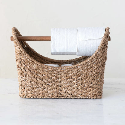 Oval Hand-Woven Bankuan Toilet Paper Basket w/ Wood Handle