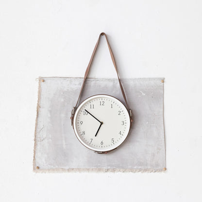 Hanging Wall Clock w/Leather Strap